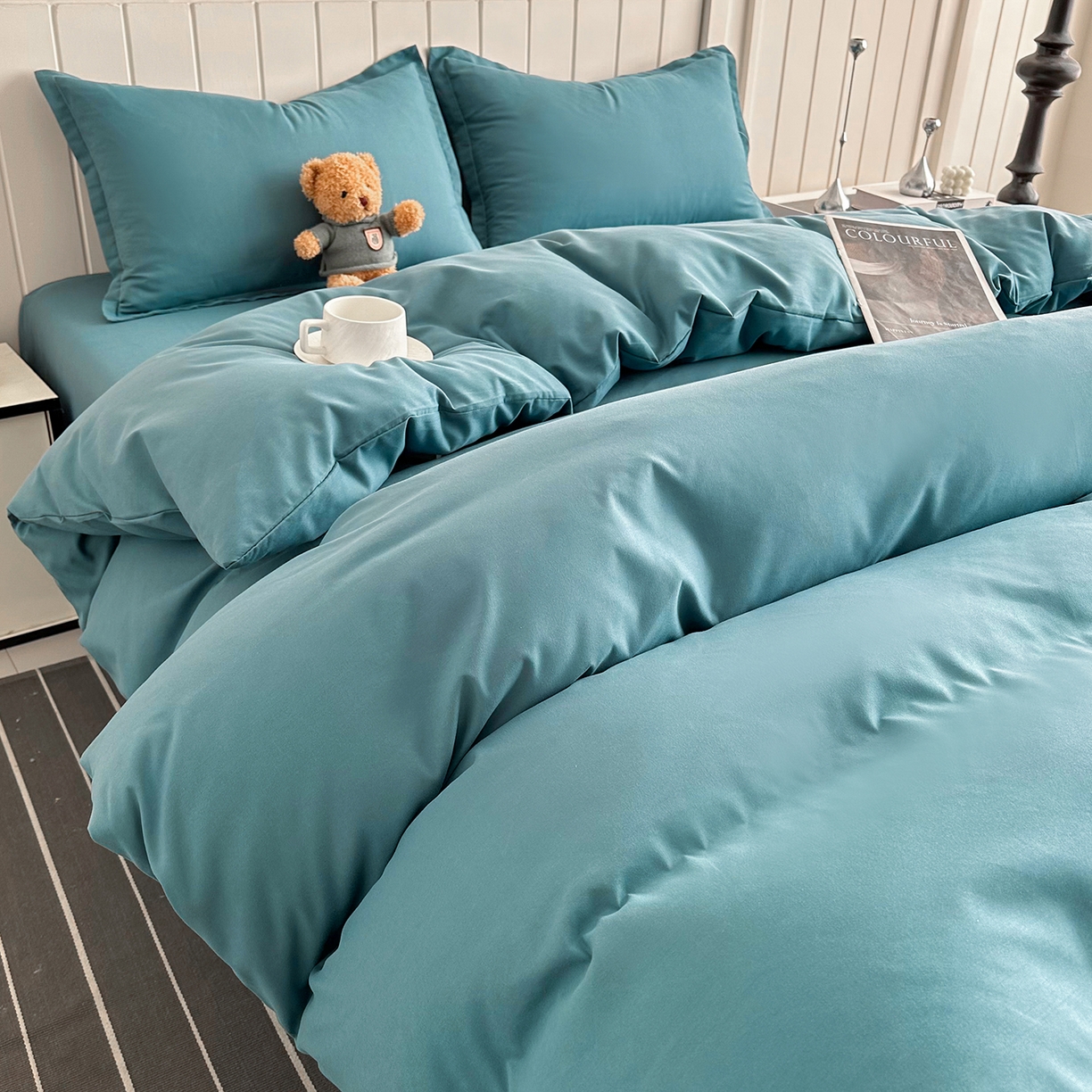 91家纺网 家纺一手货源 找家纺 佑泽家纺 2026新款亲肤水洗棉四件套 孔雀绿