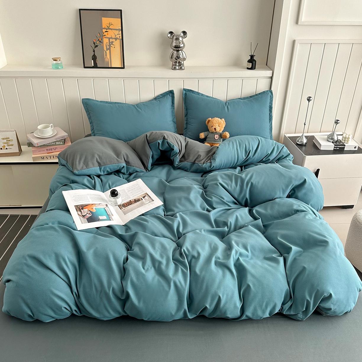 佑泽家纺 2026新款亲肤水洗棉四件套 孔雀绿+月光灰