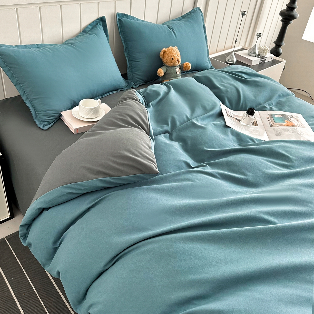 91家纺网 家纺一手货源 找家纺 佑泽家纺 2026新款亲肤水洗棉四件套 孔雀绿+月光灰