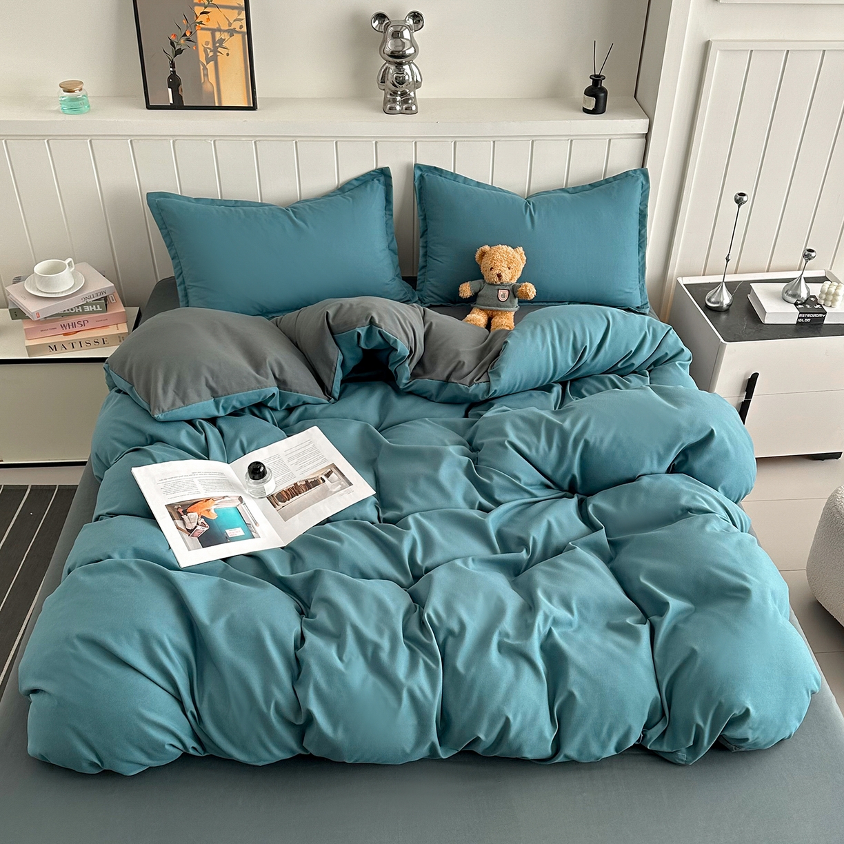 91家纺网 家纺一手货源 找家纺 佑泽家纺 2026新款亲肤水洗棉四件套 孔雀绿+月光灰