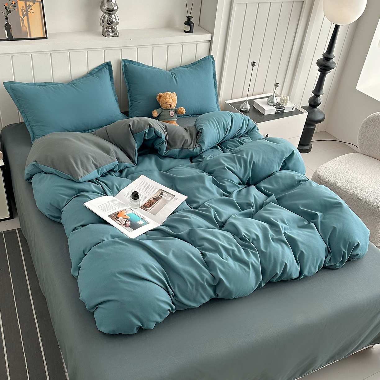 91家纺网 家纺一手货源 找家纺 佑泽家纺 2026新款亲肤水洗棉四件套 孔雀绿+月光灰