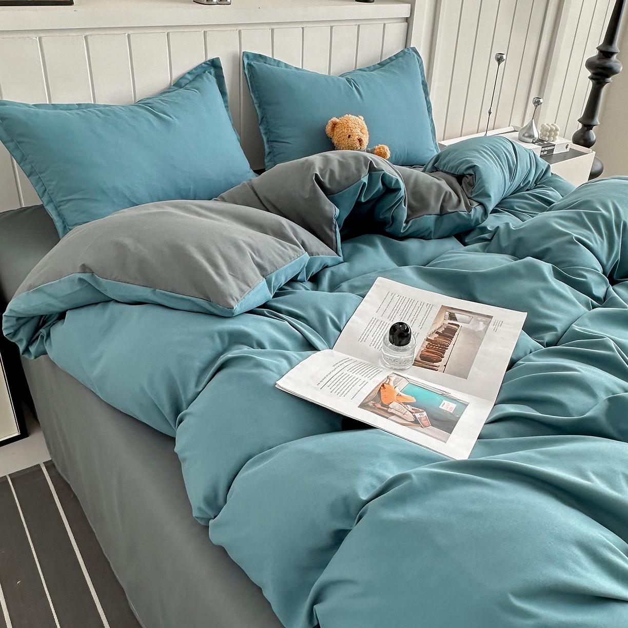 91家纺网 家纺一手货源 找家纺 佑泽家纺 2026新款亲肤水洗棉四件套 孔雀绿+月光灰