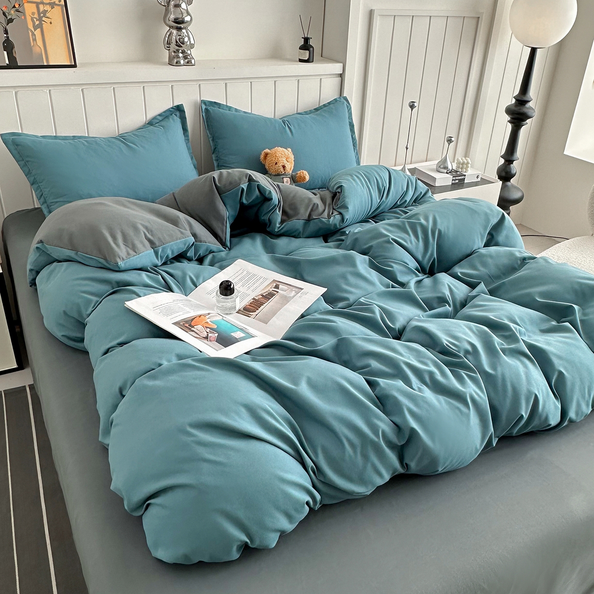 91家纺网 家纺一手货源 找家纺 佑泽家纺 2026新款亲肤水洗棉四件套 孔雀绿+月光灰