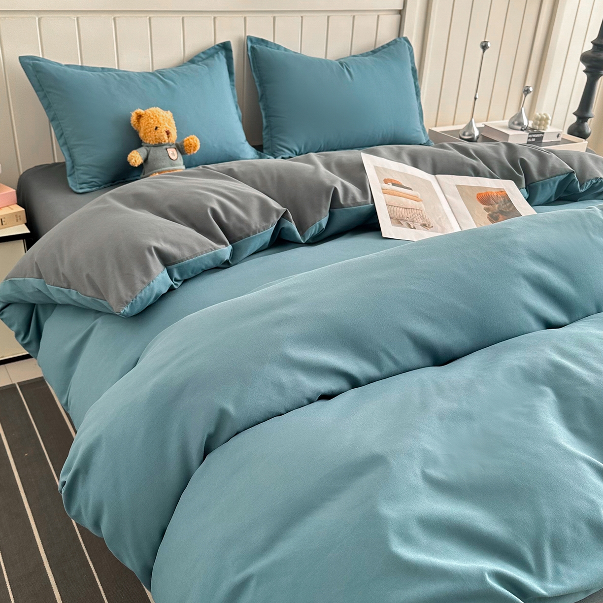 91家纺网 家纺一手货源 找家纺 佑泽家纺 2026新款亲肤水洗棉四件套 孔雀绿+月光灰