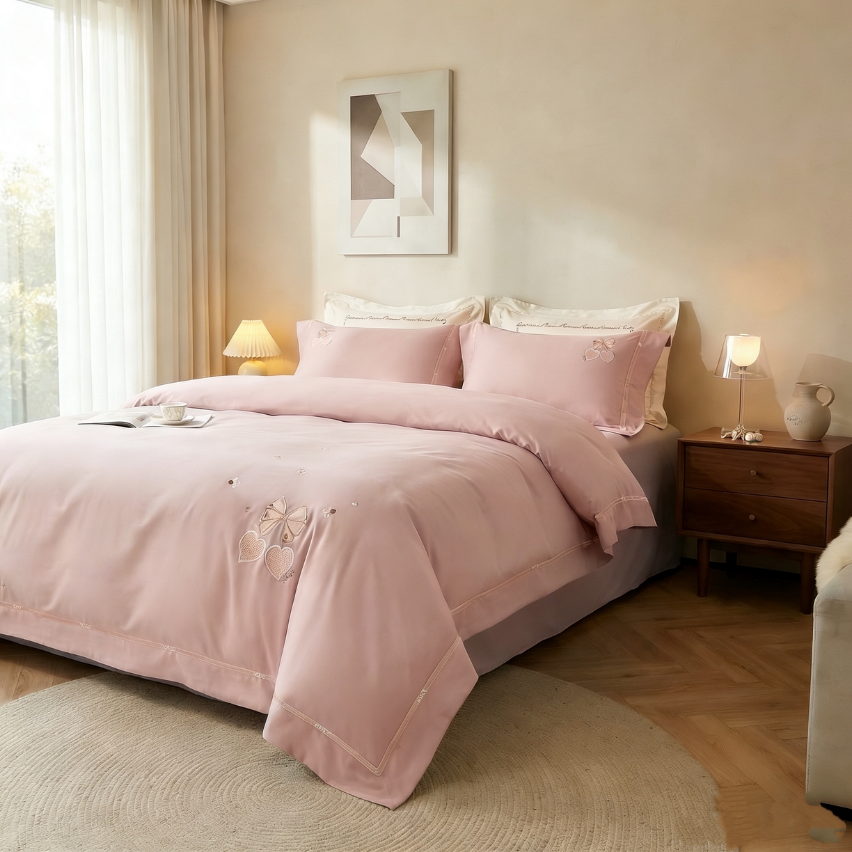 91家纺网 家纺一手货源 找家纺 U品汇 2026全棉纯棉刺绣花四件套40支长绒棉100%棉礼盒包装 樱桃之恋-樱花玉