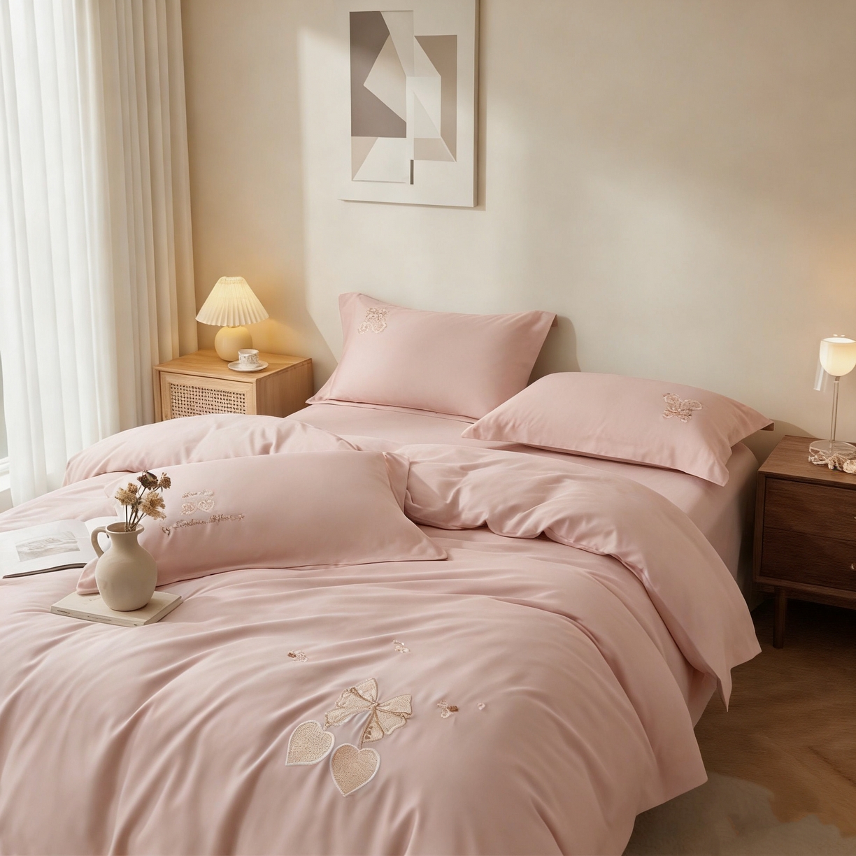 91家纺网 家纺一手货源 找家纺 U品汇 2026全棉纯棉刺绣花四件套40支长绒棉100%棉礼盒包装 樱桃之恋-樱花玉