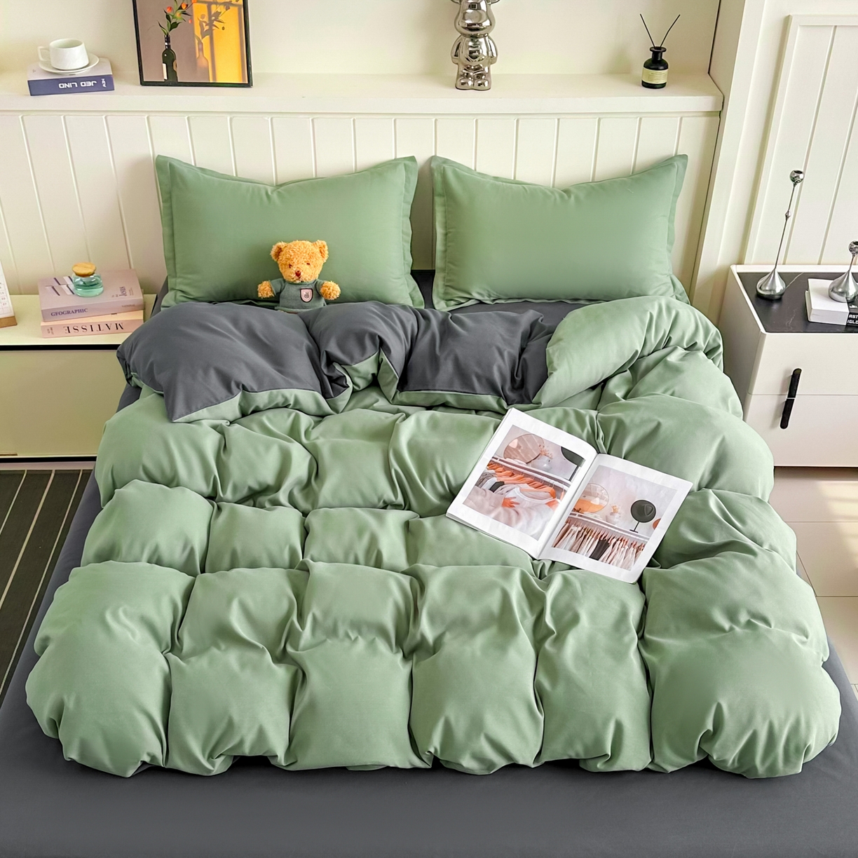 佑泽家纺 2026新款亲肤水洗棉四件套 抹茶深灰