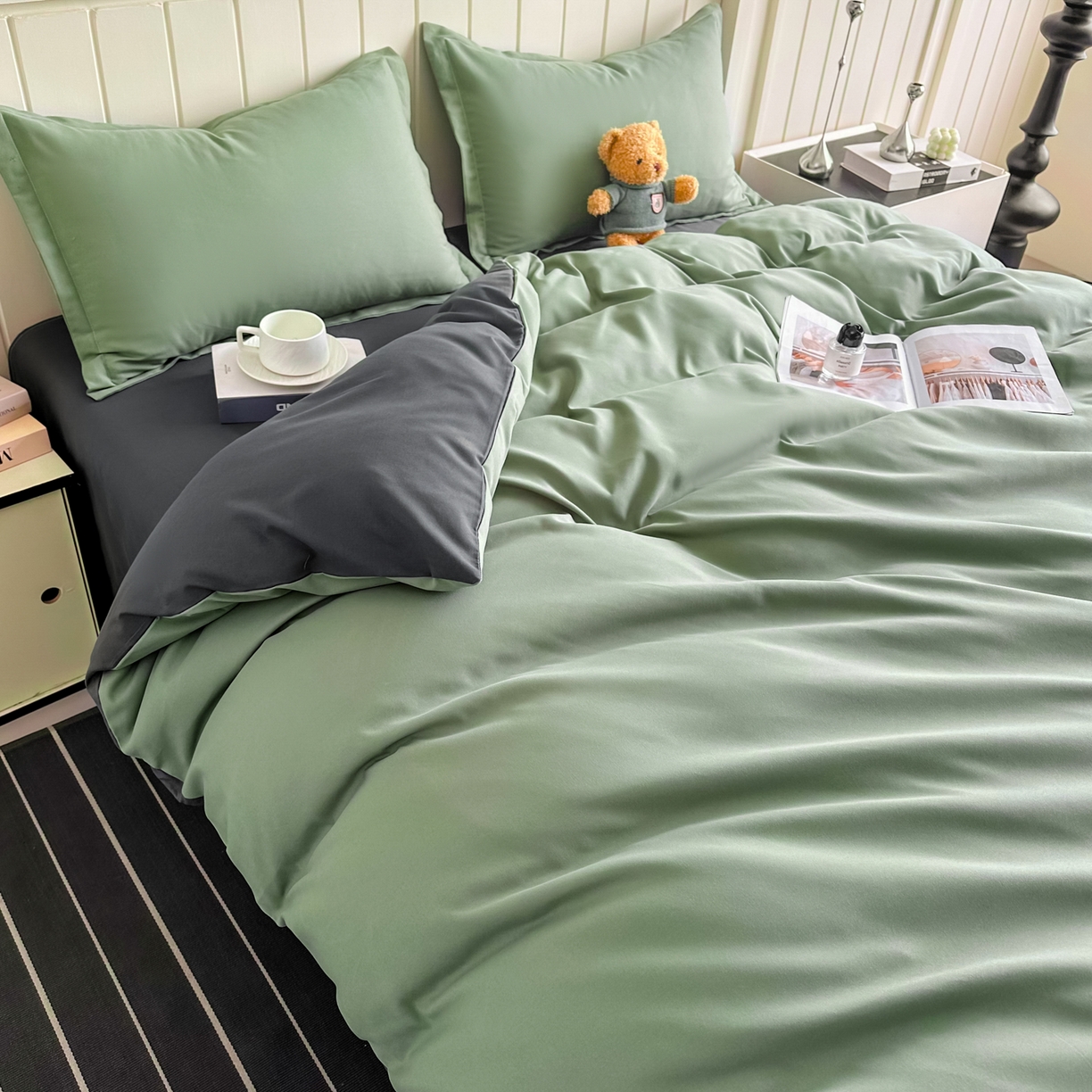 91家纺网 家纺一手货源 找家纺 佑泽家纺 2026新款亲肤水洗棉四件套 抹茶深灰