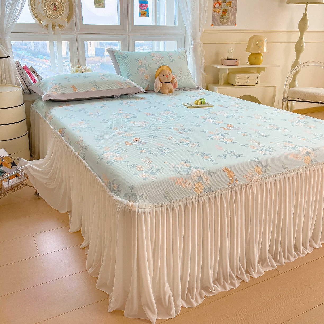 91家纺网 家纺一手货源 找家纺 孩子王家纺 2026春夏新款夏季花卉冰丝凉席凉感值过0.21冰豆豆A类可机洗学生宿舍空调软席 丛林小兔 床裙款