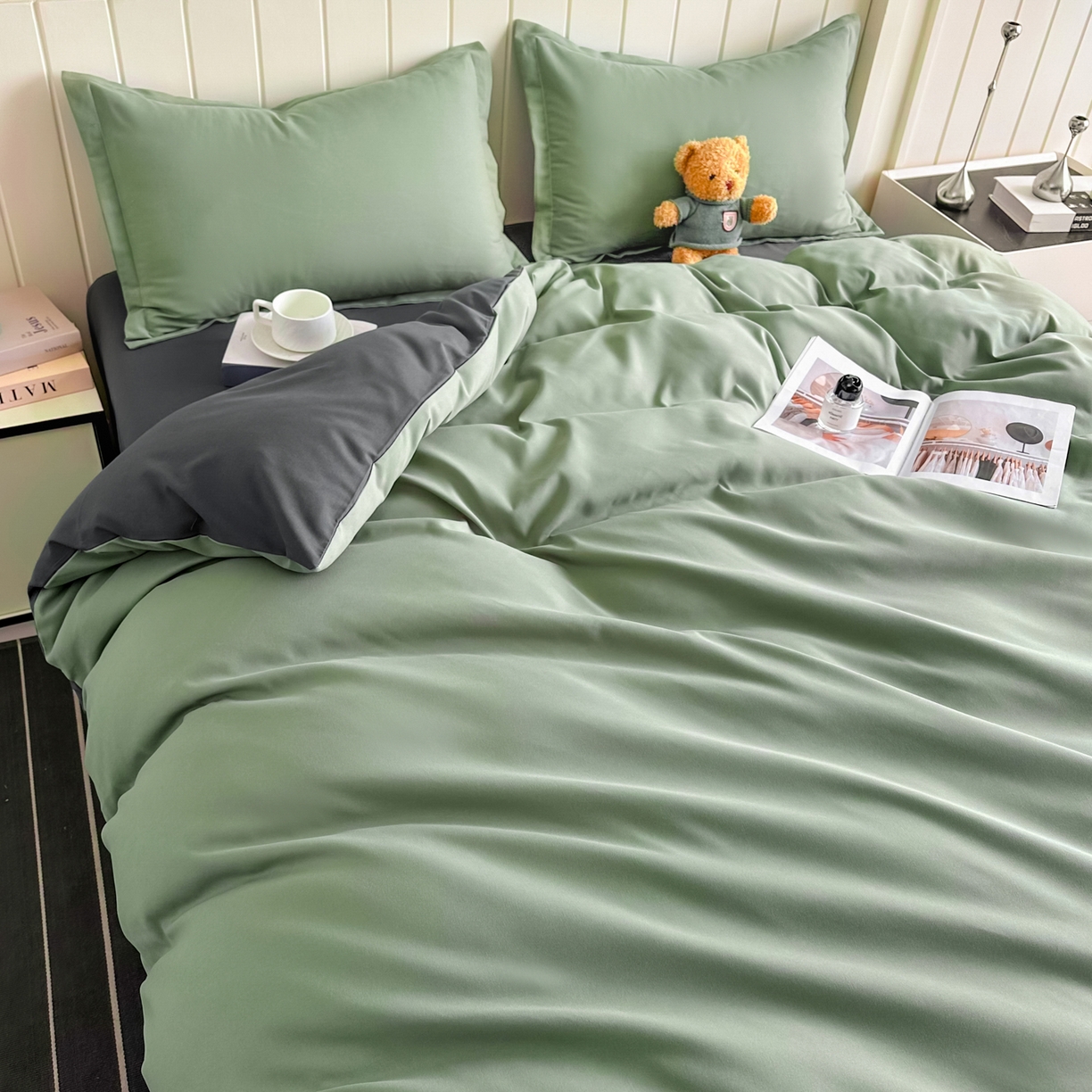 91家纺网 家纺一手货源 找家纺 佑泽家纺 2026新款亲肤水洗棉四件套 抹茶深灰