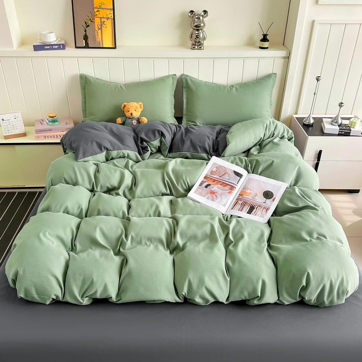 91家纺网 家纺一手货源 找家纺 佑泽家纺 2026新款亲肤水洗棉四件套 抹茶深灰