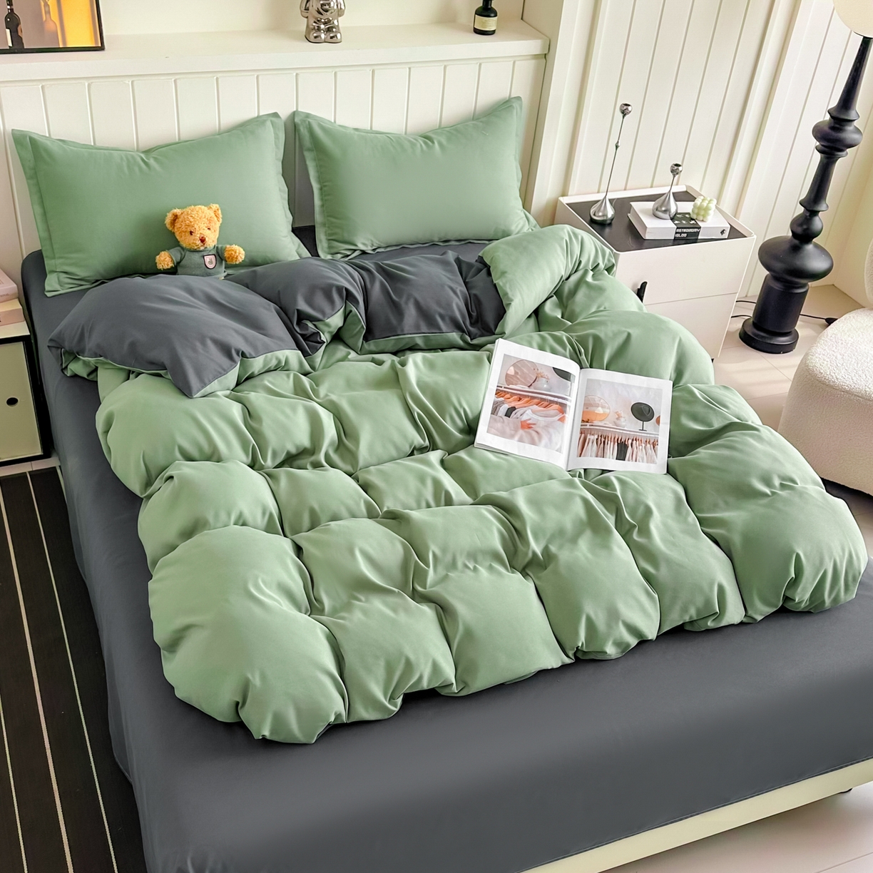 91家纺网 家纺一手货源 找家纺 佑泽家纺 2026新款亲肤水洗棉四件套 抹茶深灰