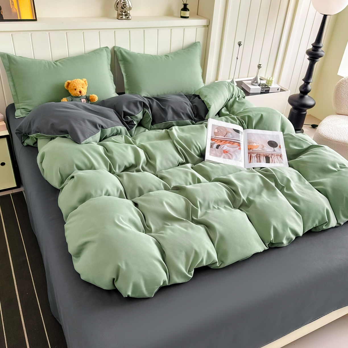 91家纺网 家纺一手货源 找家纺 佑泽家纺 2026新款亲肤水洗棉四件套 抹茶深灰