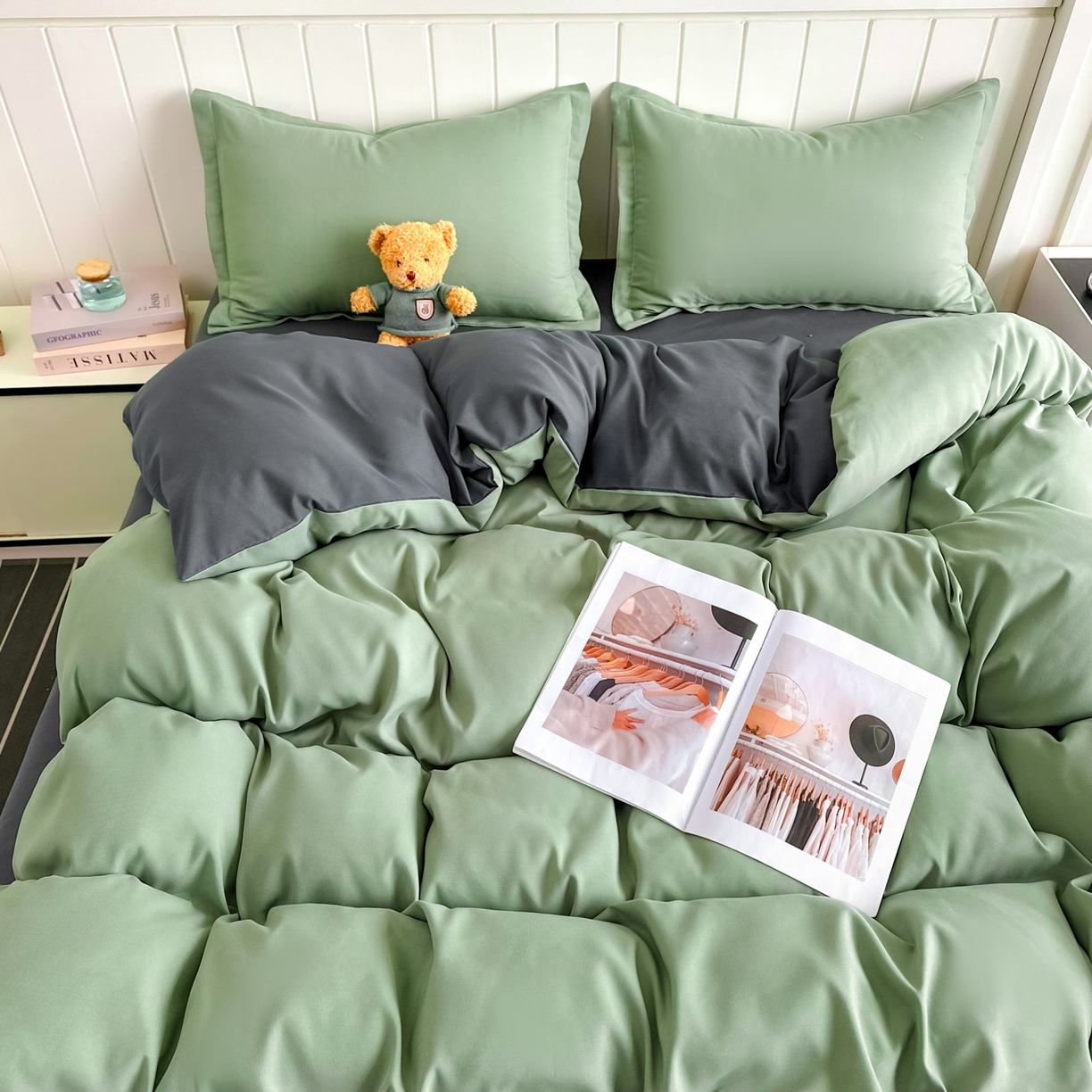 91家纺网 家纺一手货源 找家纺 佑泽家纺 2026新款亲肤水洗棉四件套 抹茶深灰