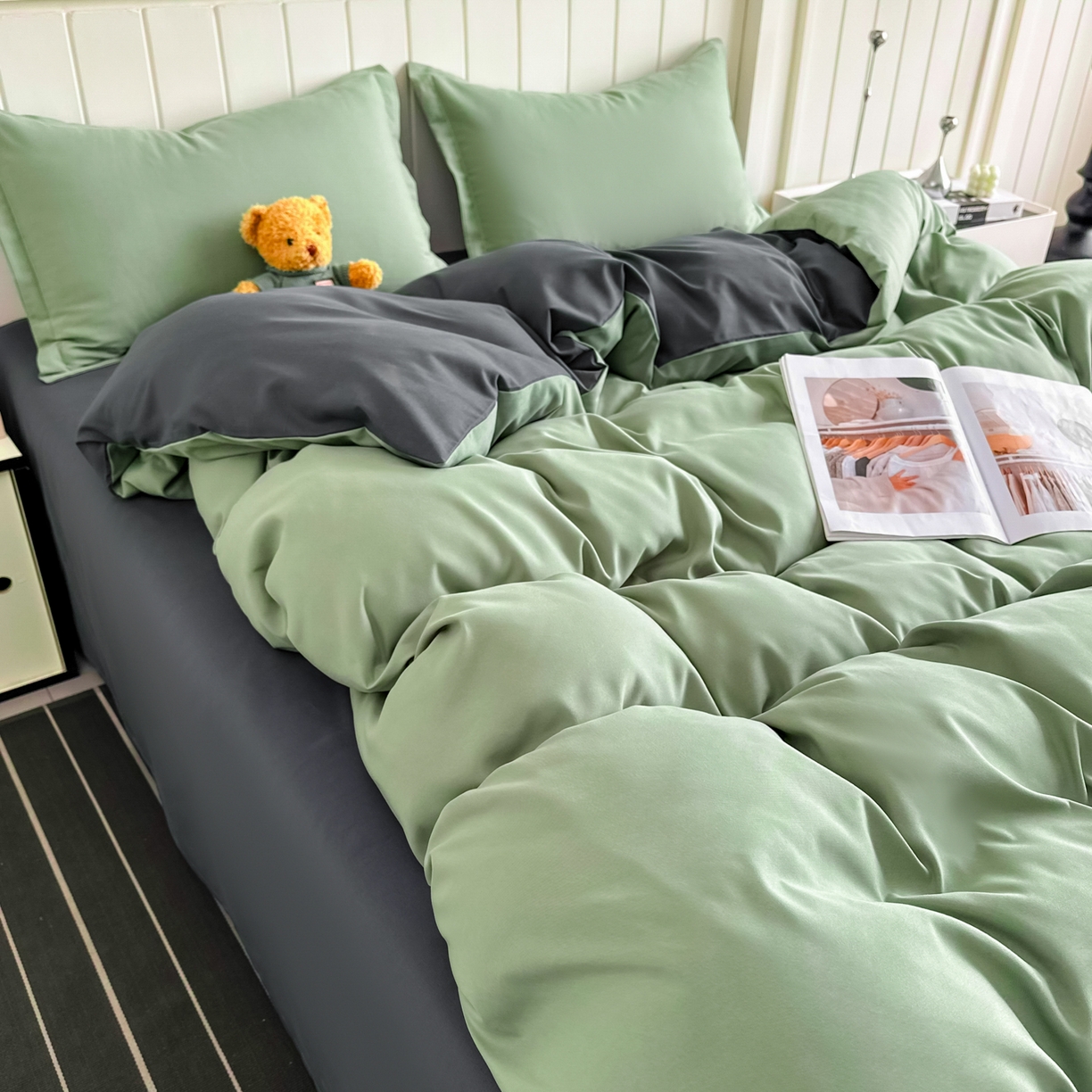 91家纺网 家纺一手货源 找家纺 佑泽家纺 2026新款亲肤水洗棉四件套 抹茶深灰