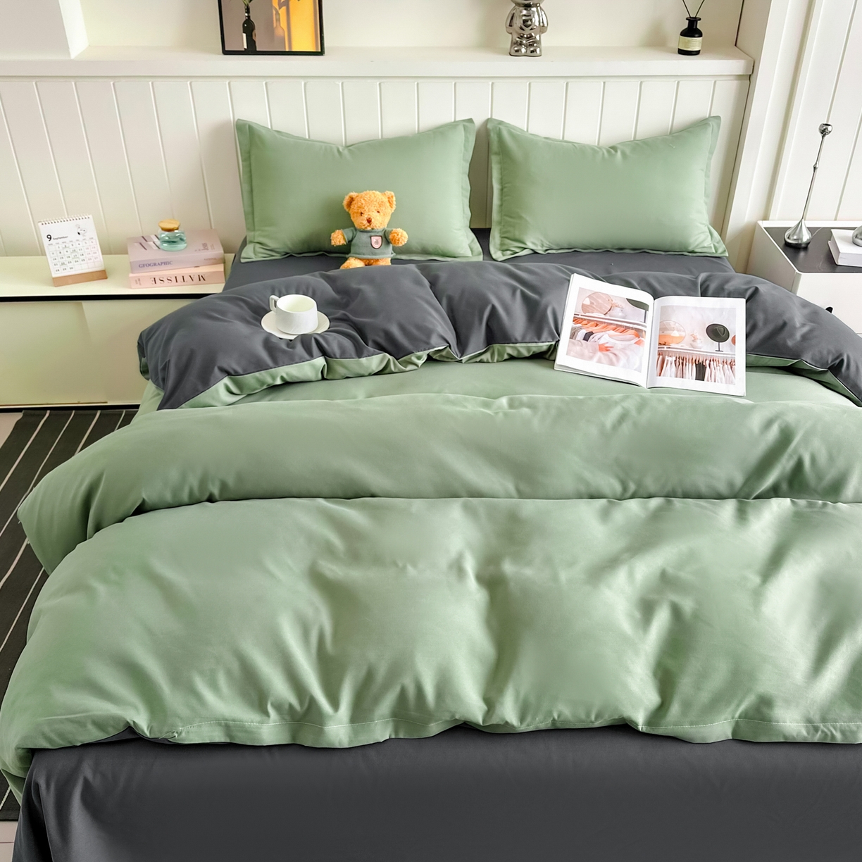 91家纺网 家纺一手货源 找家纺 佑泽家纺 2026新款亲肤水洗棉四件套 抹茶深灰