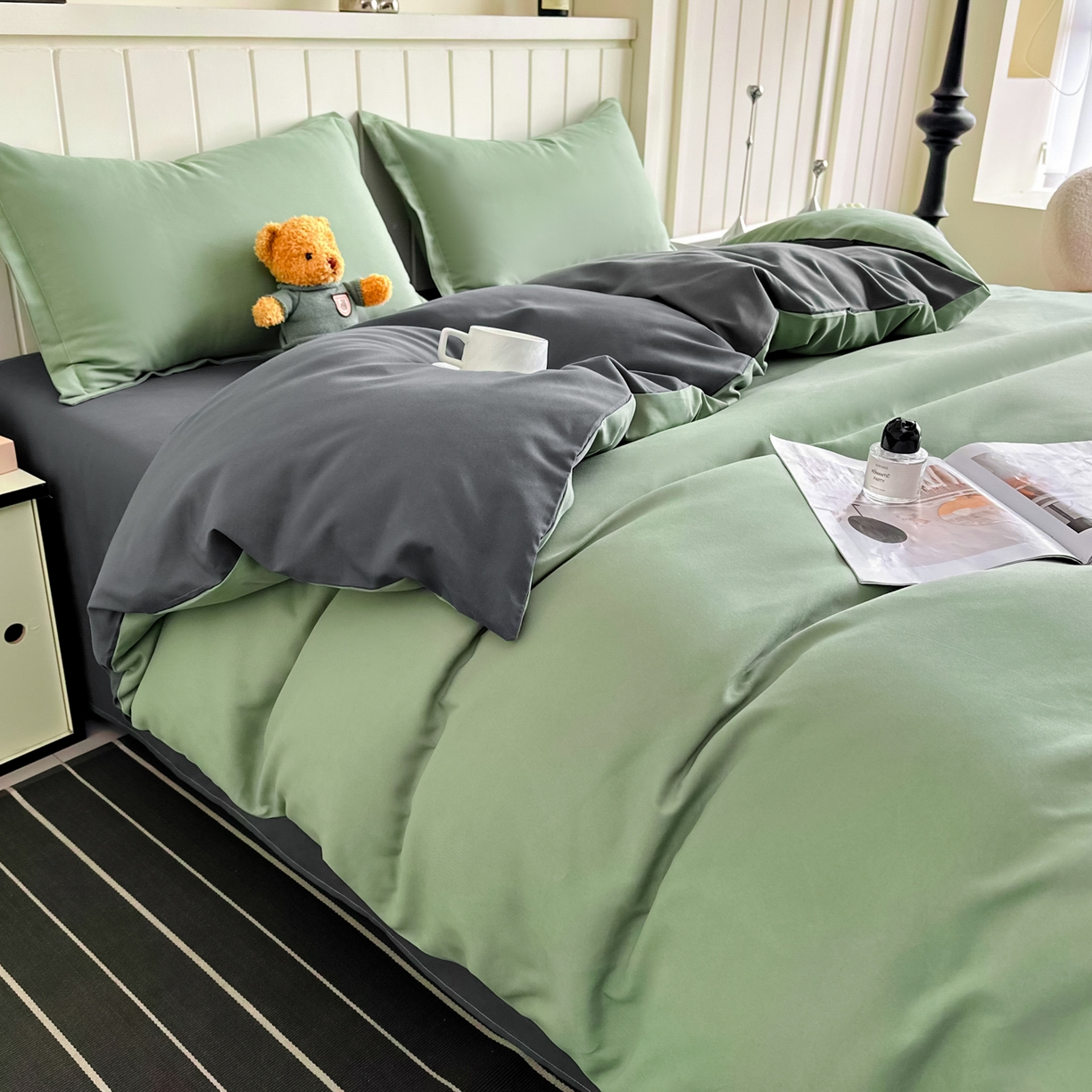 91家纺网 家纺一手货源 找家纺 佑泽家纺 2026新款亲肤水洗棉四件套 抹茶深灰