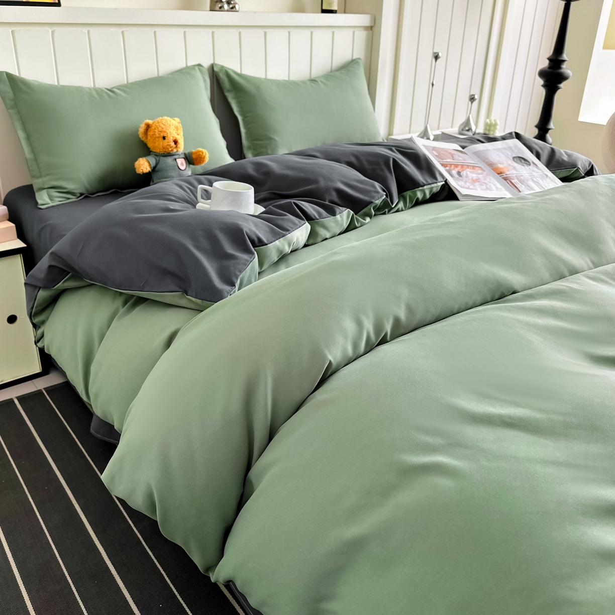 91家纺网 家纺一手货源 找家纺 佑泽家纺 2026新款亲肤水洗棉四件套 抹茶深灰