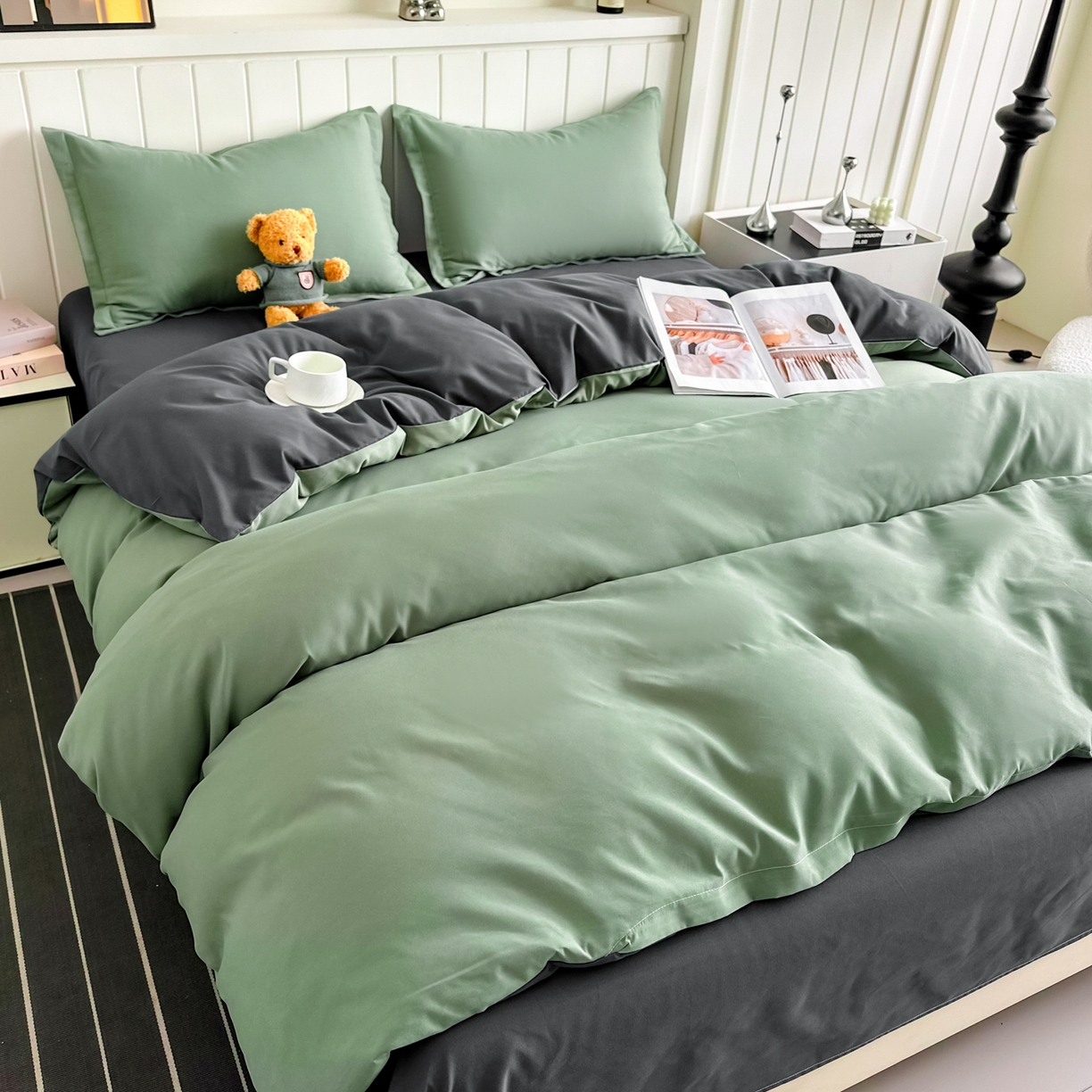 91家纺网 家纺一手货源 找家纺 佑泽家纺 2026新款亲肤水洗棉四件套 抹茶深灰