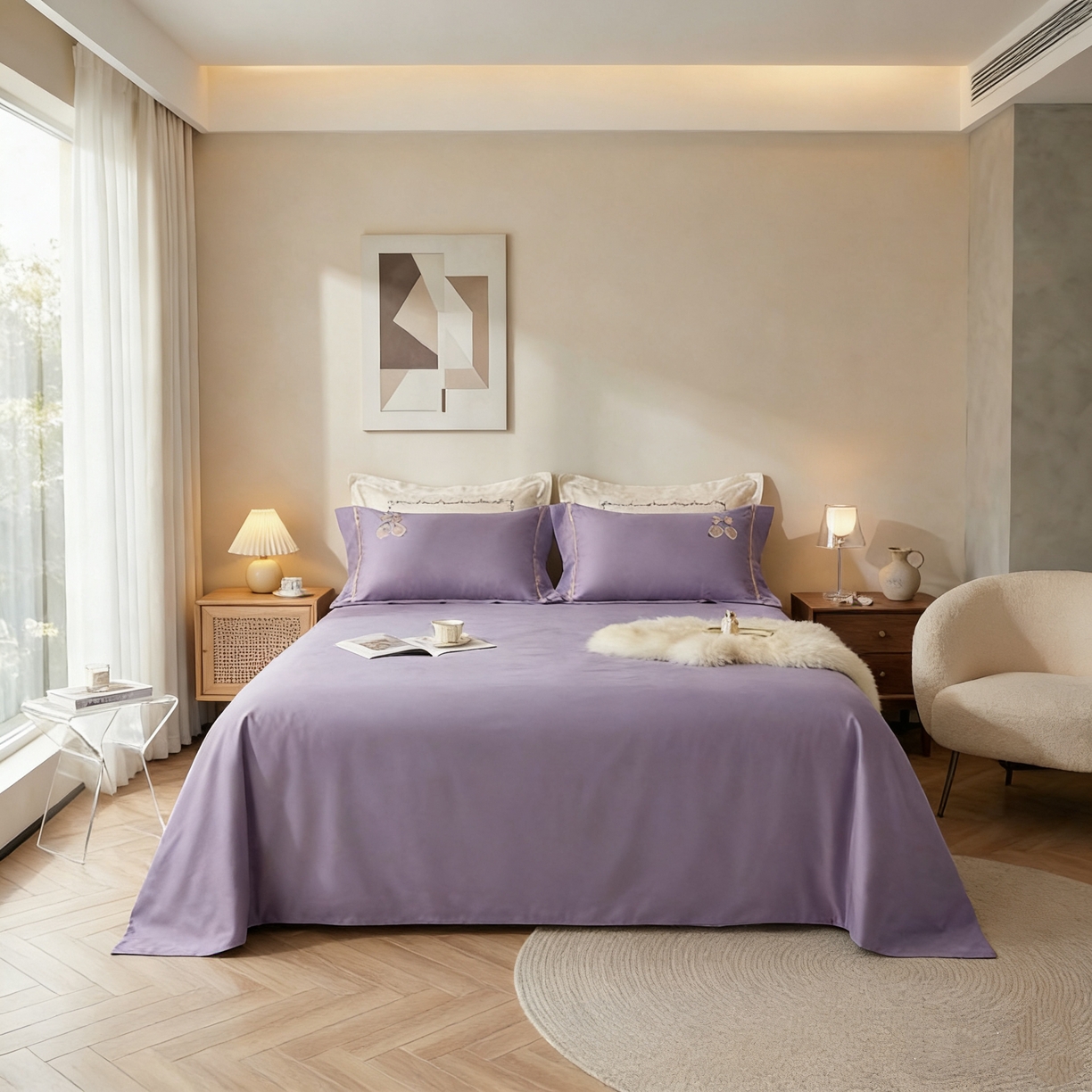 91家纺网 家纺一手货源 找家纺 U品汇 2026全棉纯棉刺绣花四件套40支长绒棉100%棉礼盒包装 樱桃之恋-紫