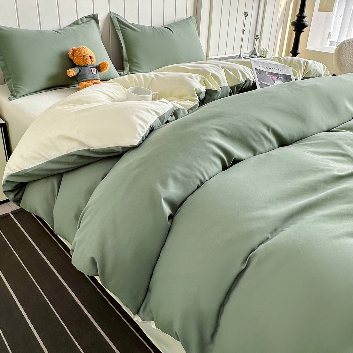 91家纺网 家纺一手货源 找家纺 佑泽家纺 2026新款亲肤水洗棉四件套 抹茶芝士