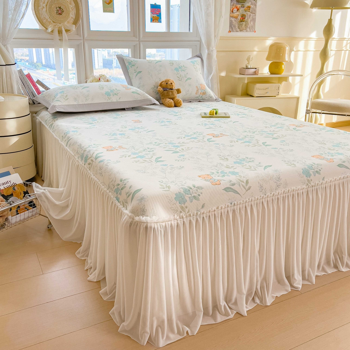 91家纺网 家纺一手货源 找家纺 孩子王家纺 2026春夏新款夏季花卉冰丝凉席凉感值过0.21冰豆豆A类可机洗学生宿舍空调软席 丛林小熊 床裙款