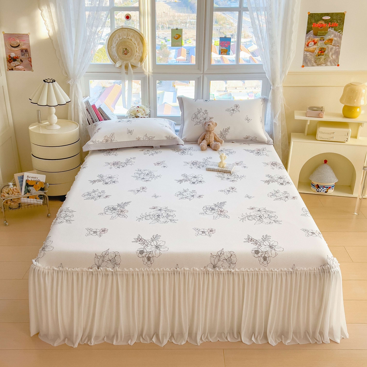 孩子王家纺 2026春夏新款夏季花卉冰丝凉席凉感值过0.21冰豆豆A类可机洗学生宿舍空调软席 花影 床裙款