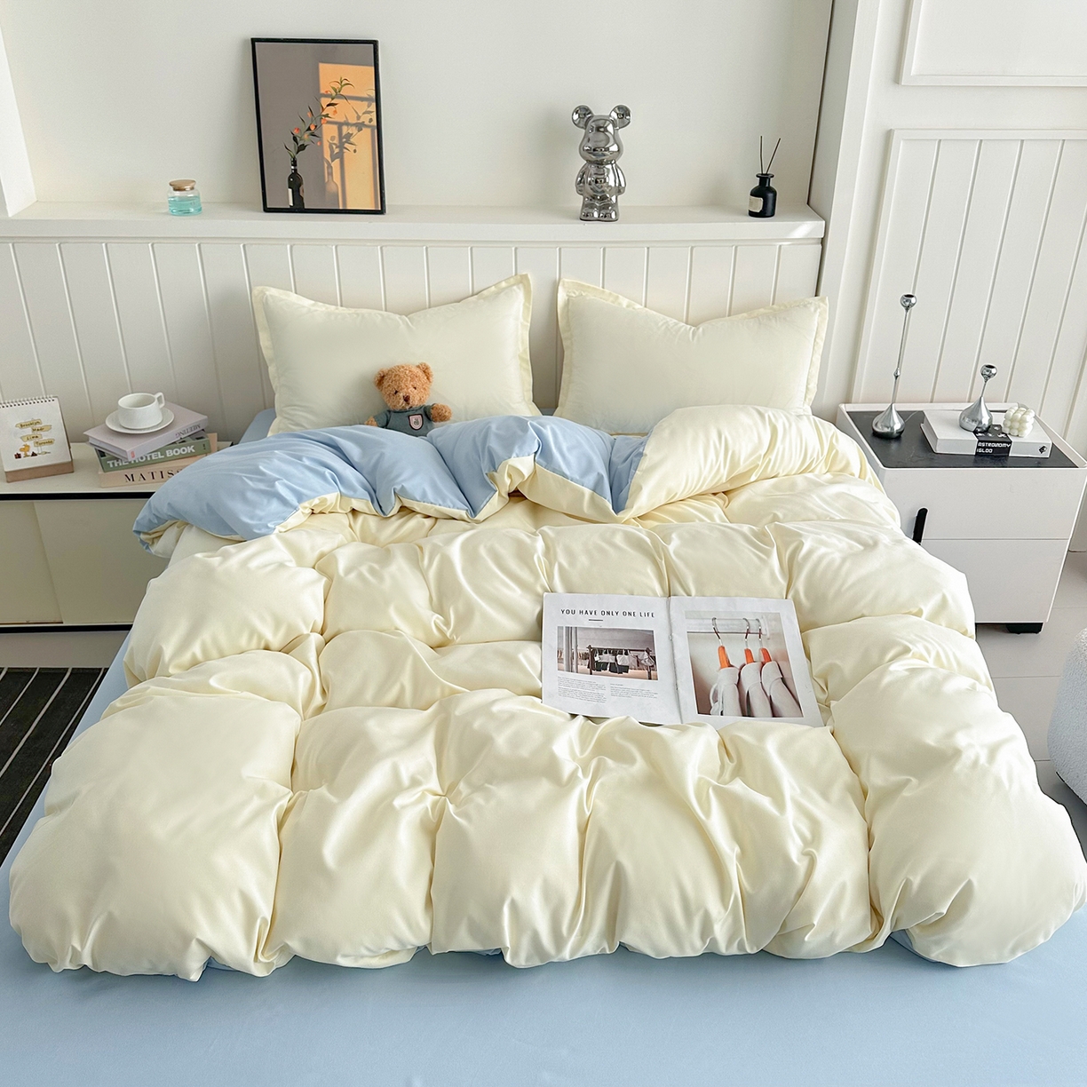 佑泽家纺 2026新款亲肤水洗棉四件套 奶油黄+天空蓝