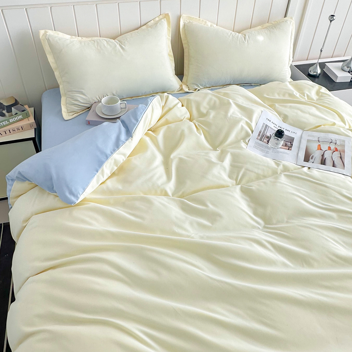 91家纺网 家纺一手货源 找家纺 佑泽家纺 2026新款亲肤水洗棉四件套 奶油黄+天空蓝