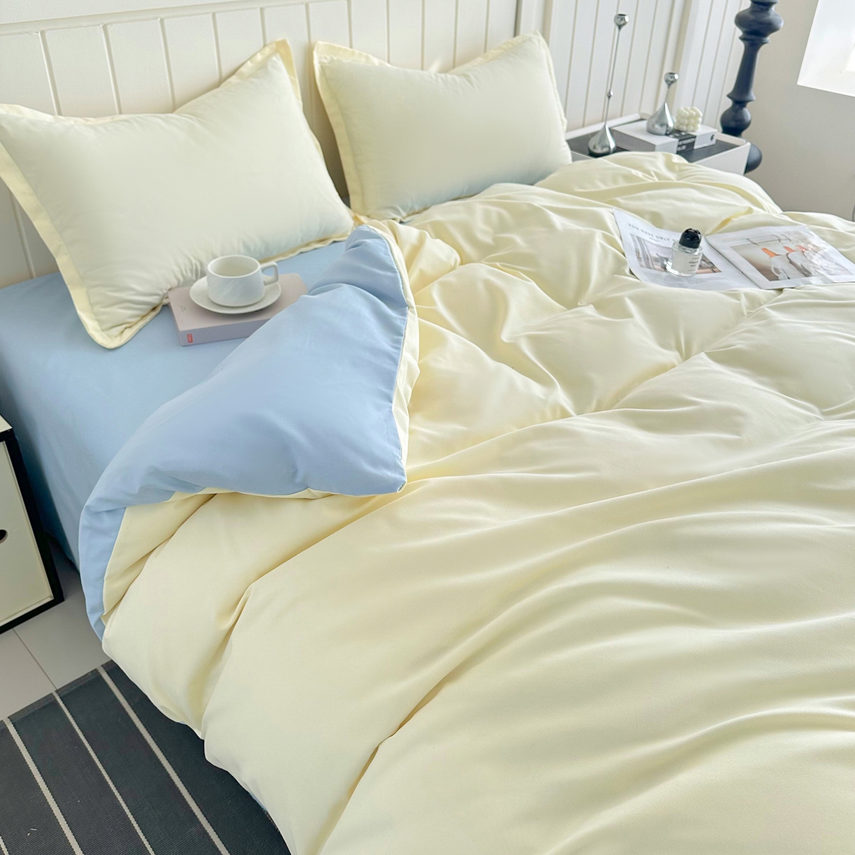 91家纺网 家纺一手货源 找家纺 佑泽家纺 2026新款亲肤水洗棉四件套 奶油黄+天空蓝