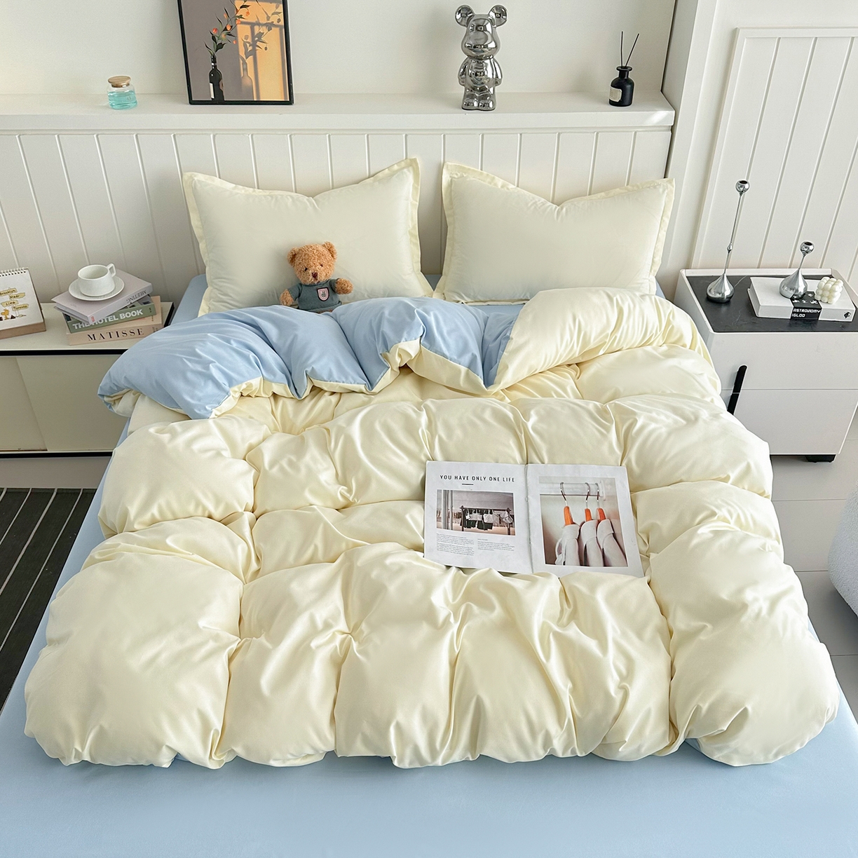 91家纺网 家纺一手货源 找家纺 佑泽家纺 2026新款亲肤水洗棉四件套 奶油黄+天空蓝