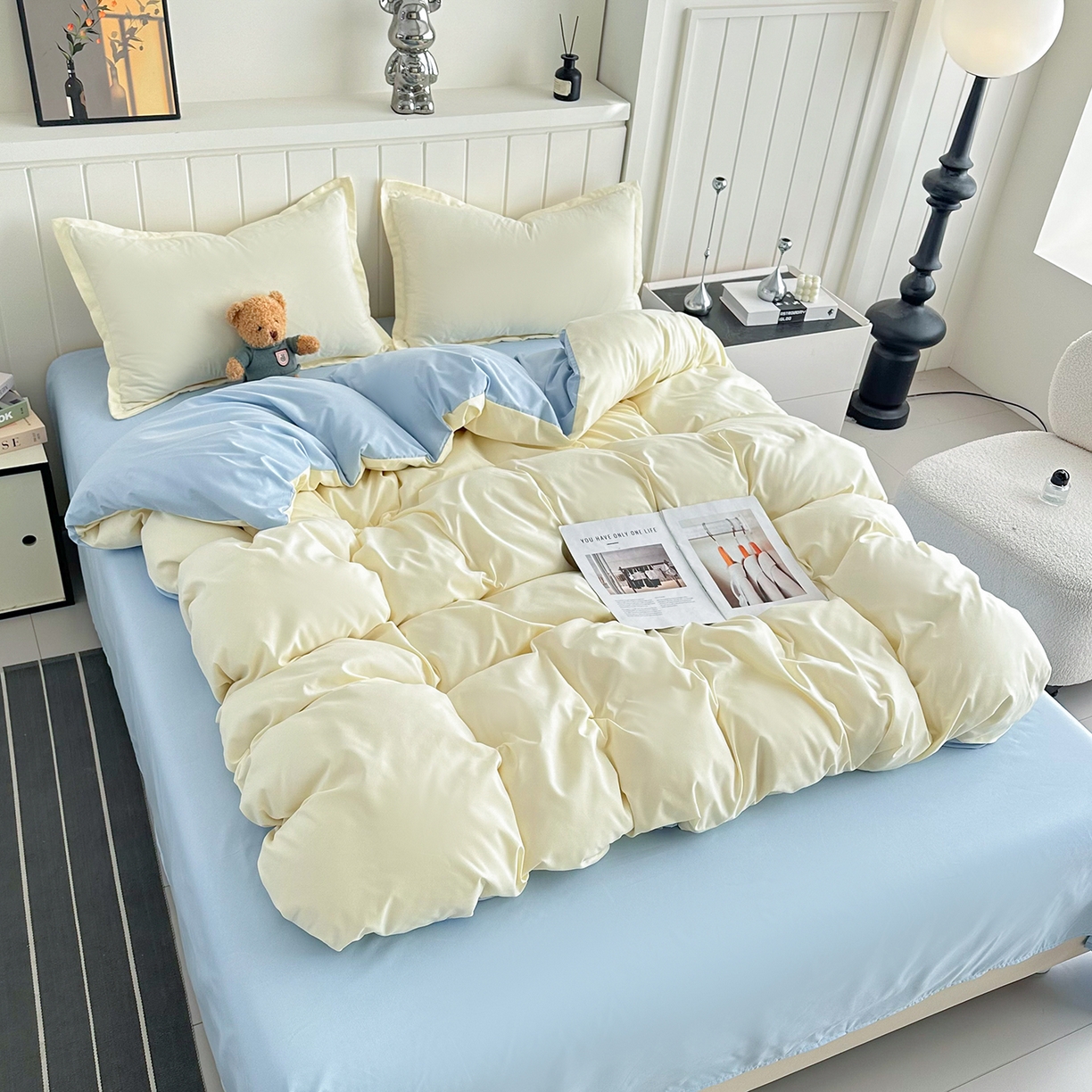 91家纺网 家纺一手货源 找家纺 佑泽家纺 2026新款亲肤水洗棉四件套 奶油黄+天空蓝