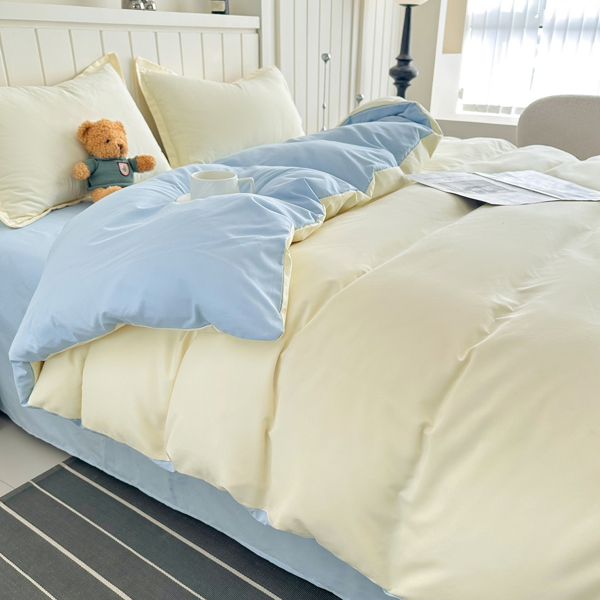 91家纺网 家纺一手货源 找家纺 佑泽家纺 2026新款亲肤水洗棉四件套 奶油黄+天空蓝