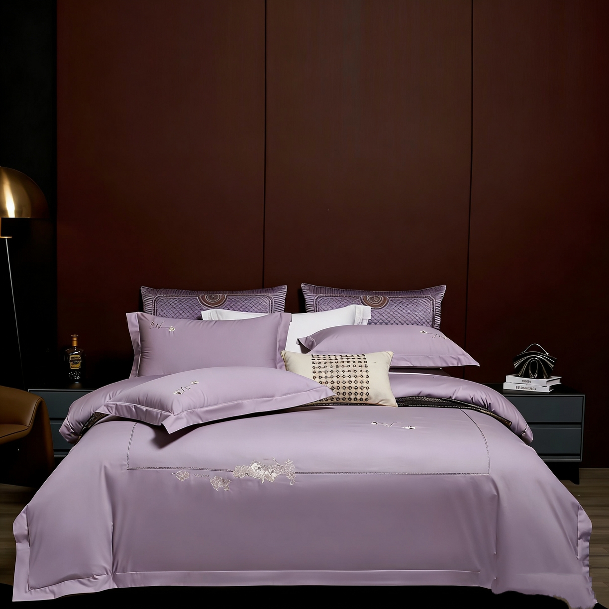 U品汇 2026全棉纯棉刺绣花四件套40支长绒棉100%棉礼盒包装 花庭韵-香芋紫