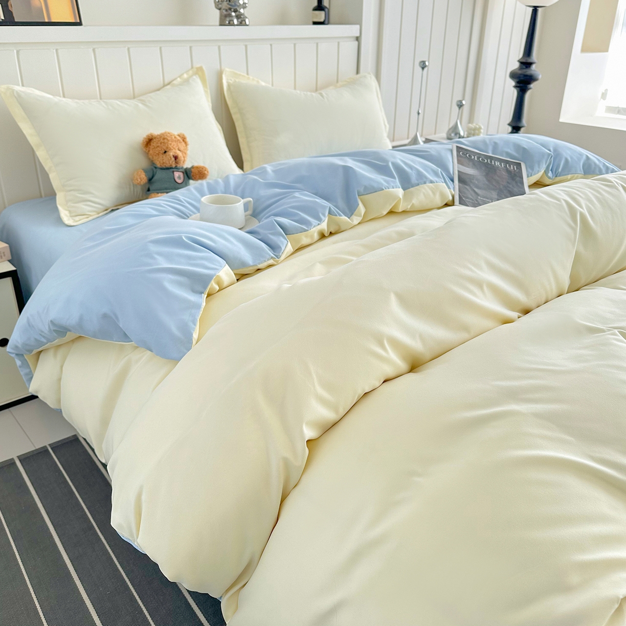 91家纺网 家纺一手货源 找家纺 佑泽家纺 2026新款亲肤水洗棉四件套 奶油黄+天空蓝