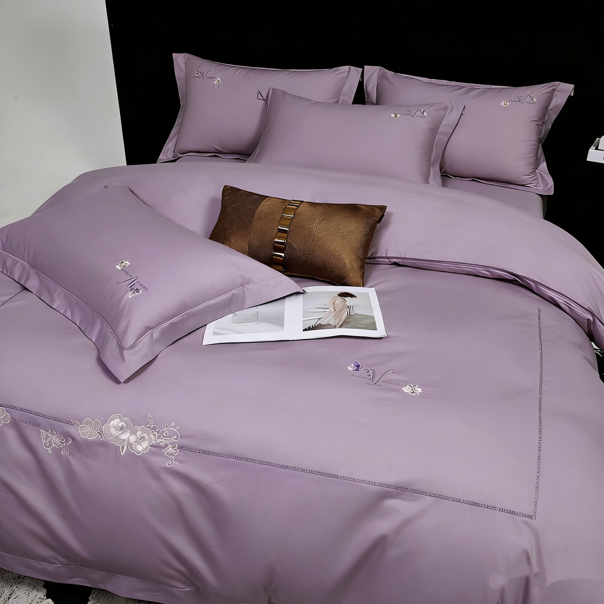 91家纺网 家纺一手货源 找家纺 U品汇 2026全棉纯棉刺绣花四件套40支长绒棉100%棉礼盒包装 花庭韵-香芋紫