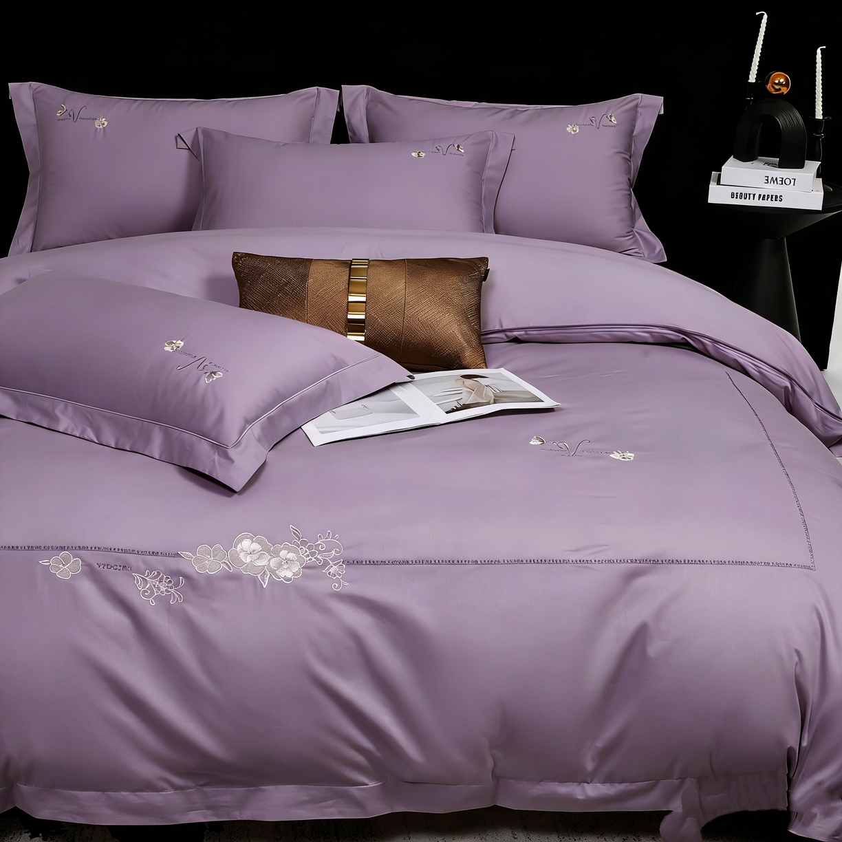 91家纺网 家纺一手货源 找家纺 U品汇 2026全棉纯棉刺绣花四件套40支长绒棉100%棉礼盒包装 花庭韵-香芋紫