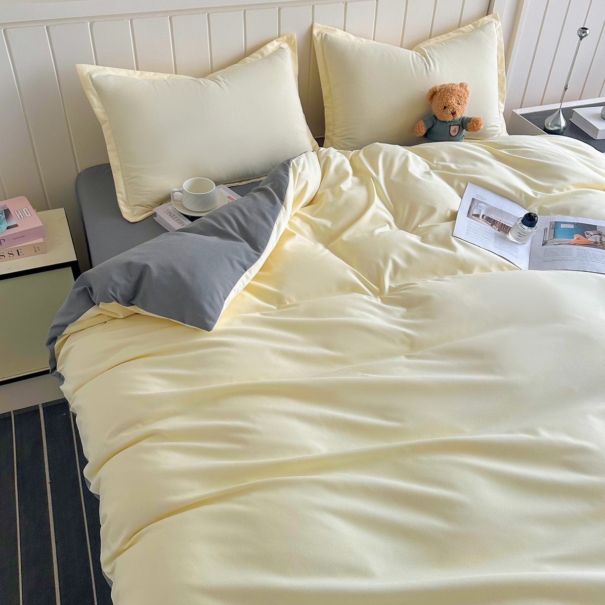 91家纺网 家纺一手货源 找家纺 佑泽家纺 2026新款亲肤水洗棉四件套 奶油黄+月光灰