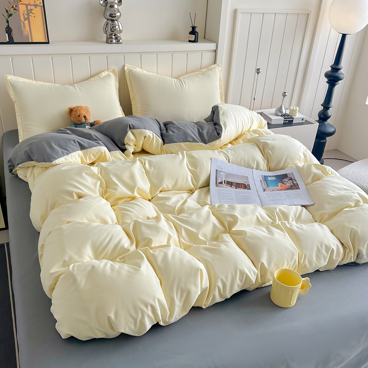 91家纺网 家纺一手货源 找家纺 佑泽家纺 2026新款亲肤水洗棉四件套 奶油黄+月光灰