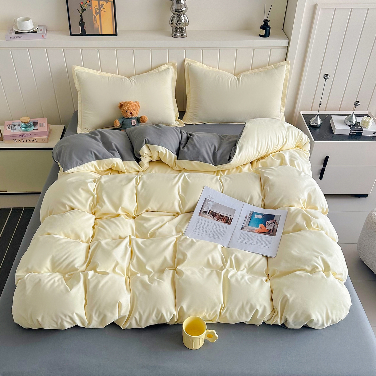 91家纺网 家纺一手货源 找家纺 佑泽家纺 2026新款亲肤水洗棉四件套 奶油黄+月光灰