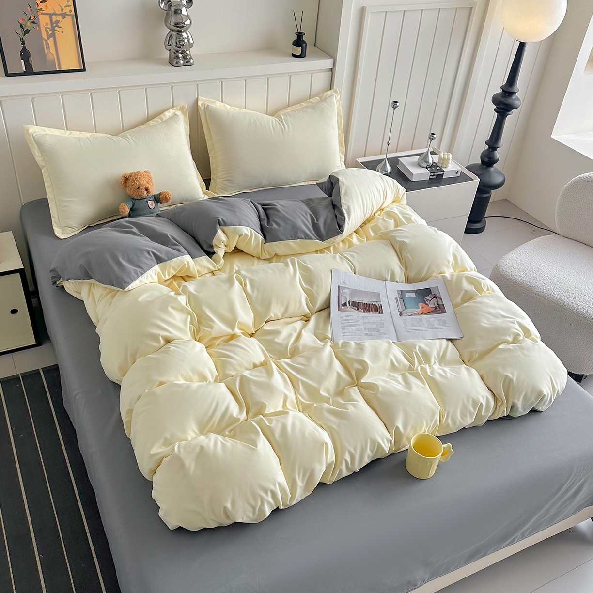 91家纺网 家纺一手货源 找家纺 佑泽家纺 2026新款亲肤水洗棉四件套 奶油黄+月光灰