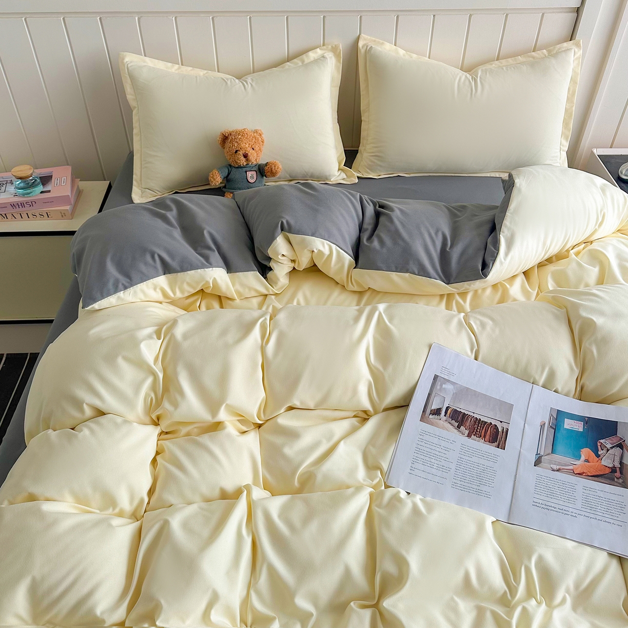 91家纺网 家纺一手货源 找家纺 佑泽家纺 2026新款亲肤水洗棉四件套 奶油黄+月光灰