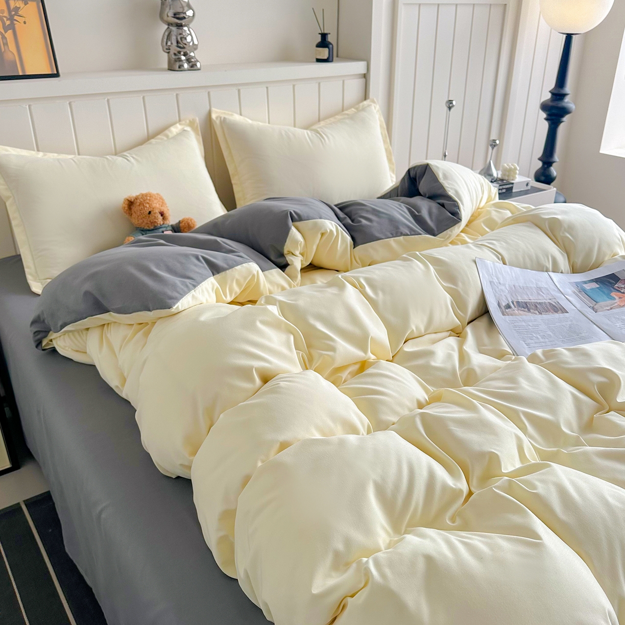 91家纺网 家纺一手货源 找家纺 佑泽家纺 2026新款亲肤水洗棉四件套 奶油黄+月光灰