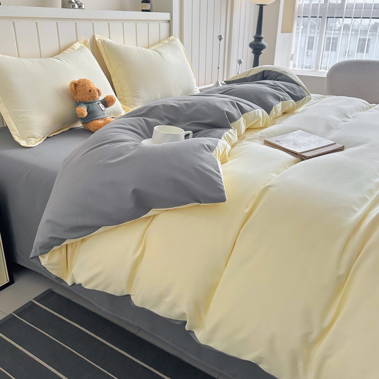 91家纺网 家纺一手货源 找家纺 佑泽家纺 2026新款亲肤水洗棉四件套 奶油黄+月光灰