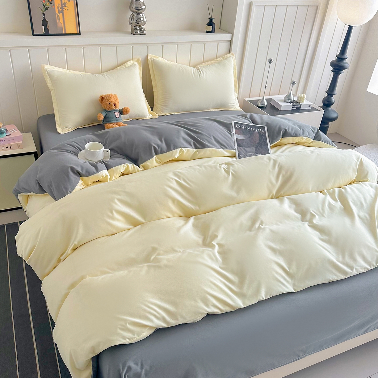 91家纺网 家纺一手货源 找家纺 佑泽家纺 2026新款亲肤水洗棉四件套 奶油黄+月光灰