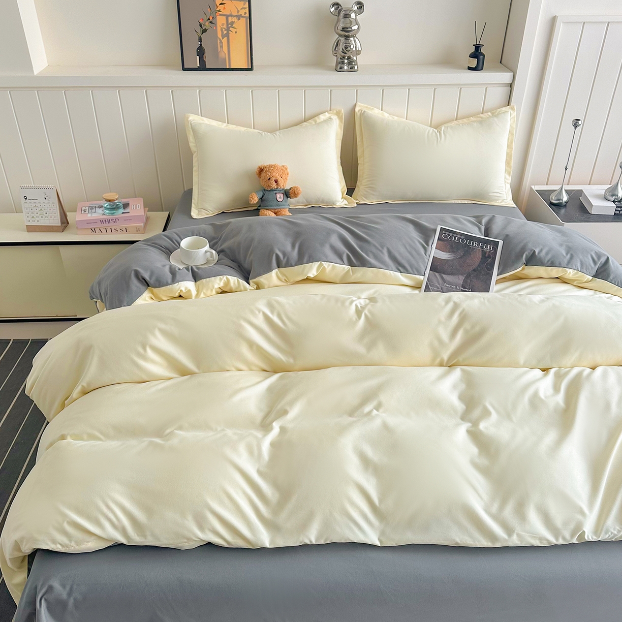 91家纺网 家纺一手货源 找家纺 佑泽家纺 2026新款亲肤水洗棉四件套 奶油黄+月光灰