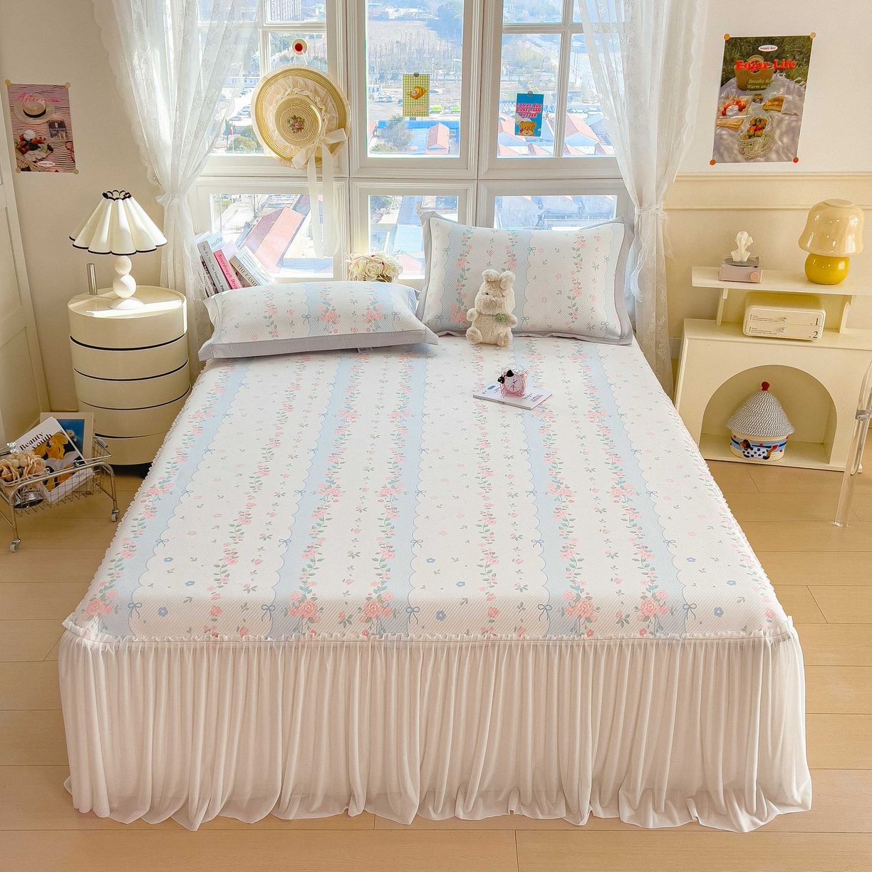 孩子王家纺 2026春夏新款夏季花卉冰丝凉席凉感值过0.21冰豆豆A类可机洗学生宿舍空调软席 花知晓 床裙款