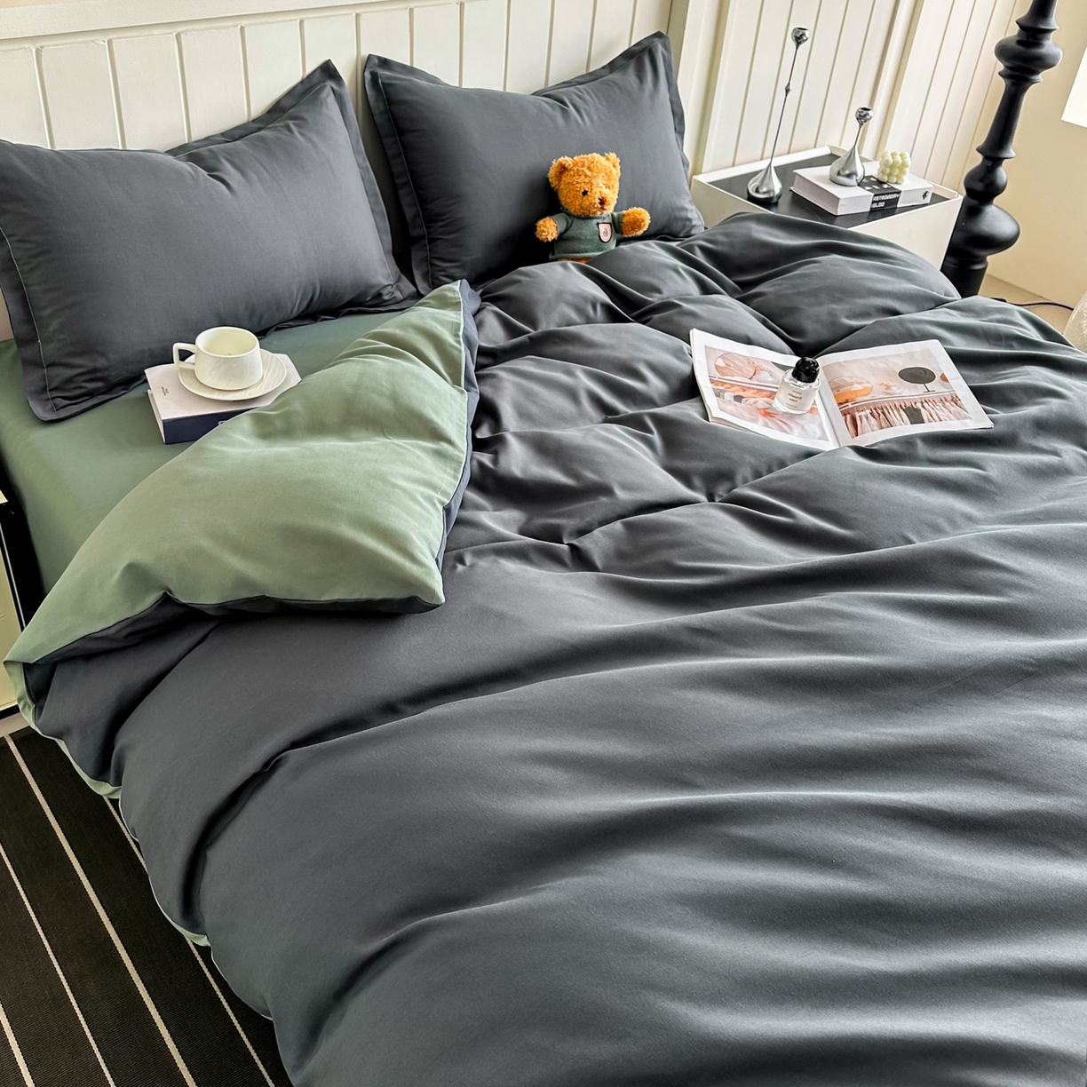 91家纺网 家纺一手货源 找家纺 佑泽家纺 2026新款亲肤水洗棉四件套 深灰抹茶