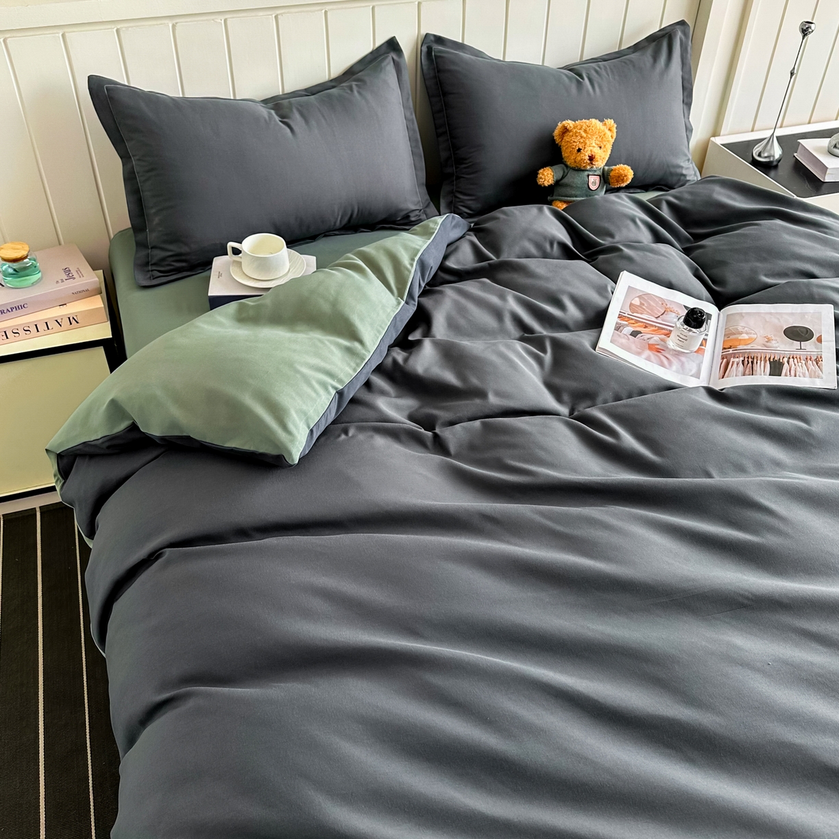 91家纺网 家纺一手货源 找家纺 佑泽家纺 2026新款亲肤水洗棉四件套 深灰抹茶