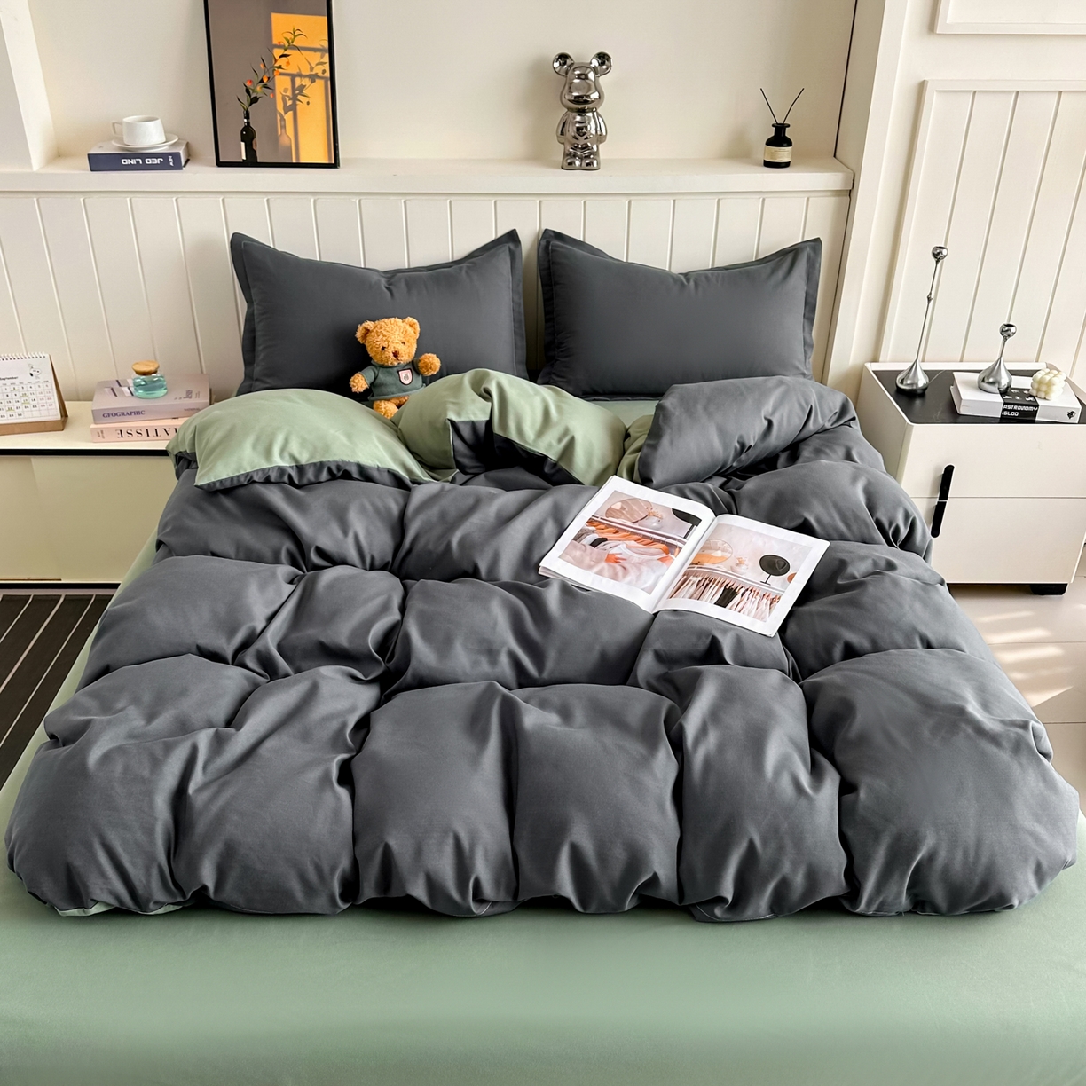 91家纺网 家纺一手货源 找家纺 佑泽家纺 2026新款亲肤水洗棉四件套 深灰抹茶